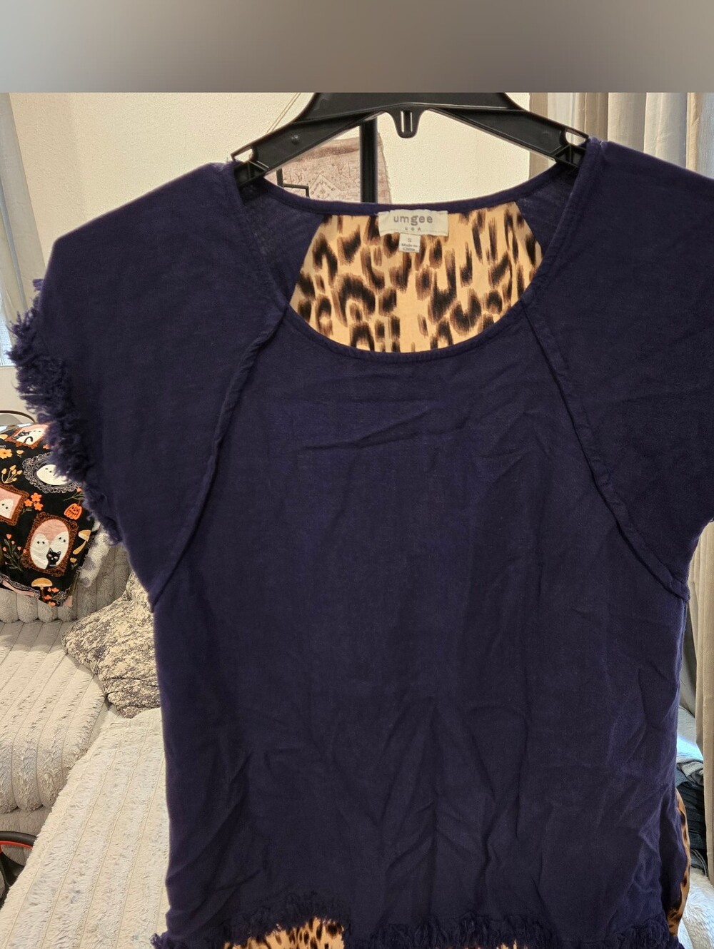 Umgee Navy Short Sleeve Top with Leopard Accent